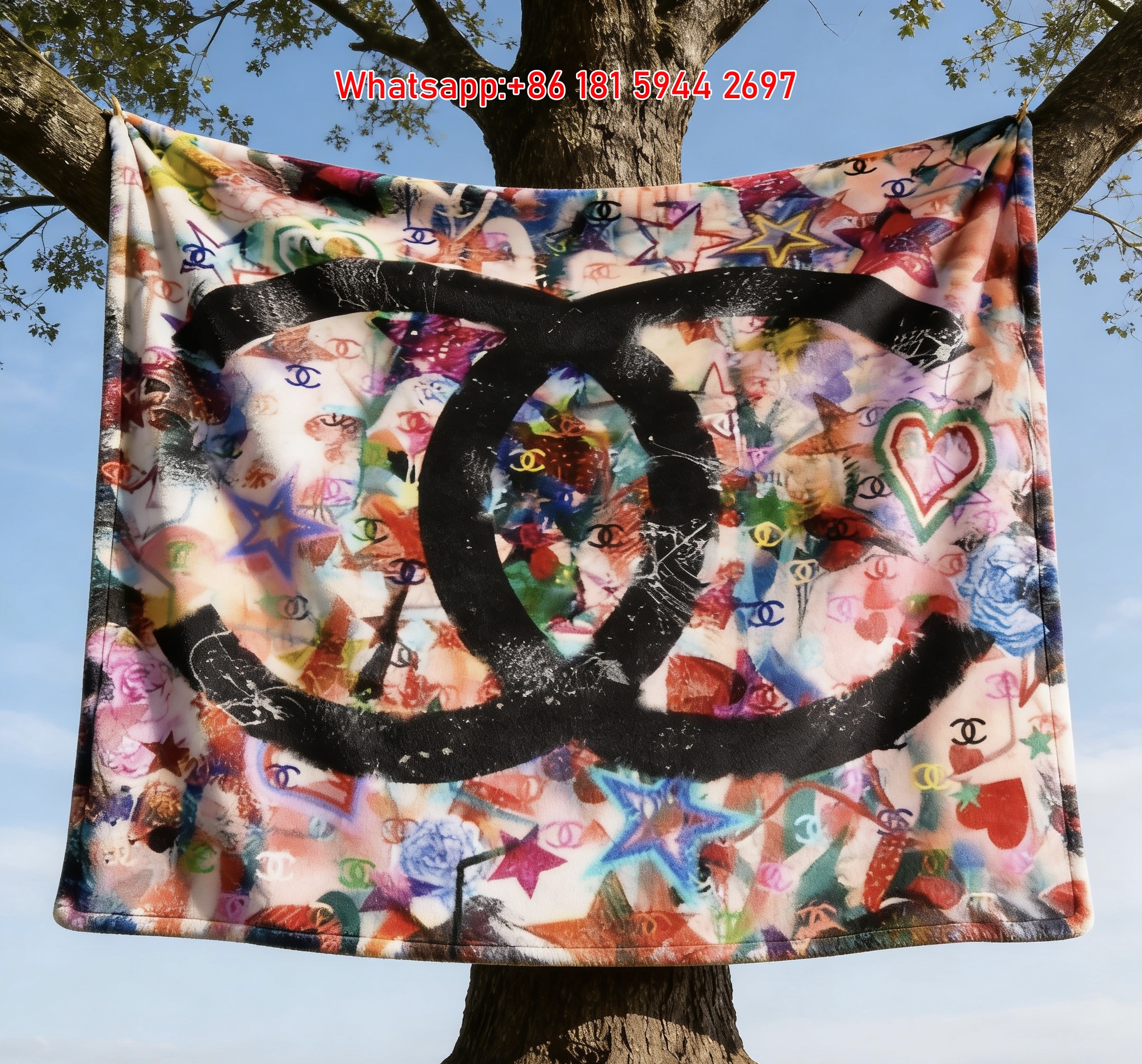 Chanel Luxury Colorful Graffiti Double C Flannel Throw Blanket IMG_6940